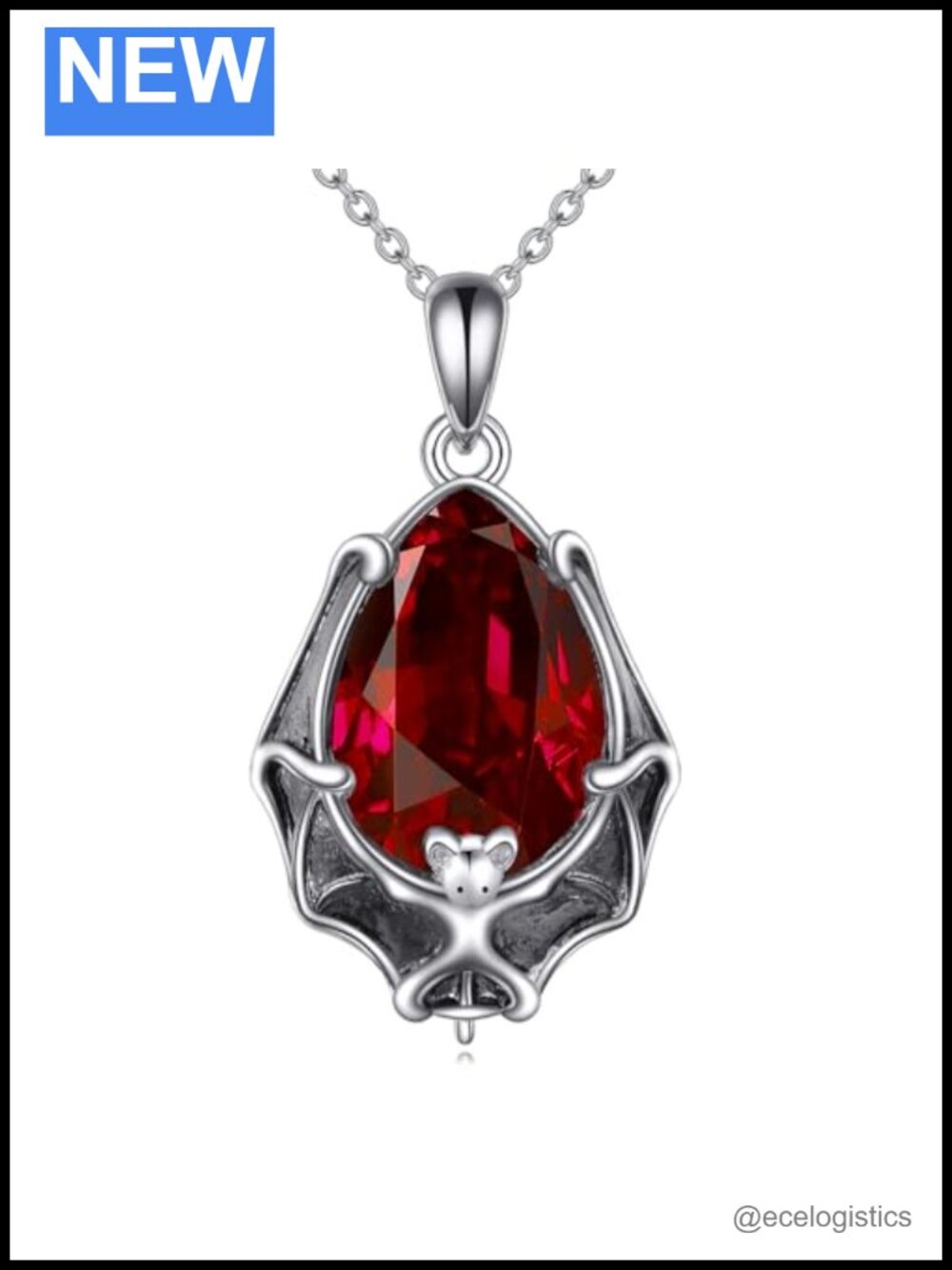 Bat Necklace Sterling Silver Gothic Pendant with Ruby
